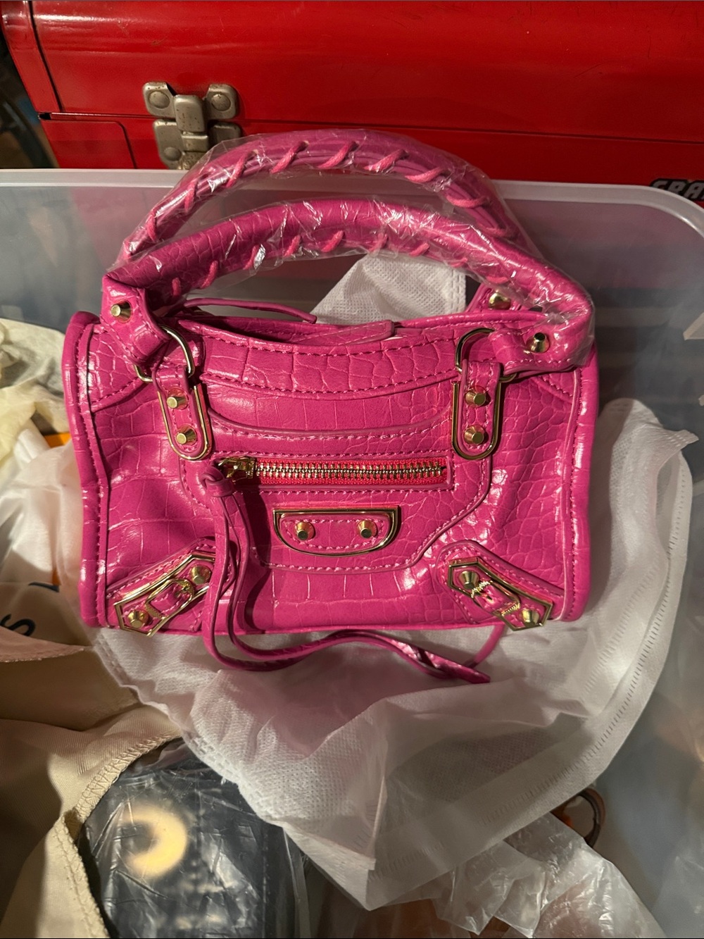 Faux-Croc Mini Satchel in Hot Pink with Gold Hardware